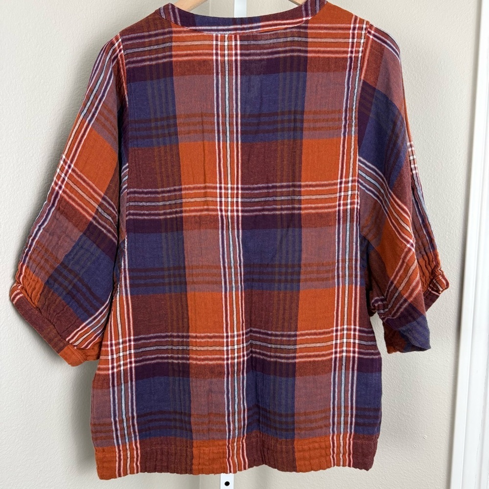 Garnet Hill‎ Organic Cotton Batwing Button Front Gauze Top Orange Purple Plaid 8 - Picture 6 of 8